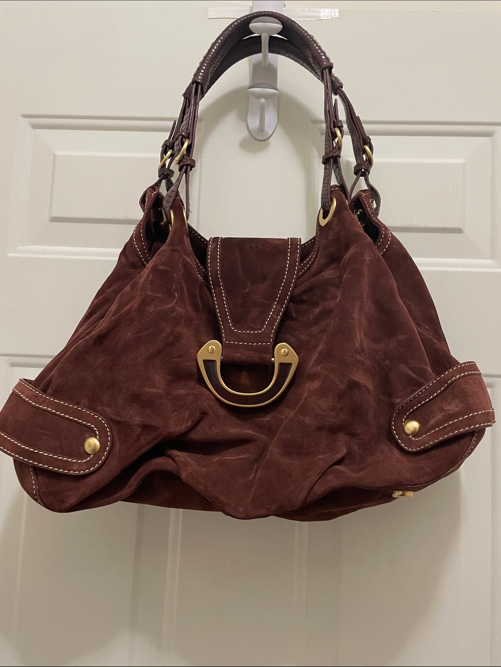 MAXX NEW YORK: Lux Suede Shoulder Bag in Dark Brown with Gold Hardware